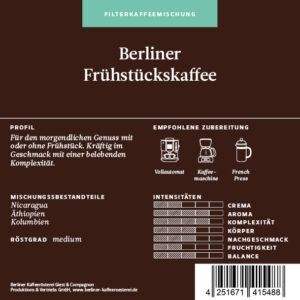 Berliner Kaffeerösterei Berliner Frühstückskaffee ganze Bohne 250g