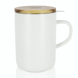 Ogo Living Juliet Weiß Tee Tasse Steinzeug und Deckel Akazie 475ml