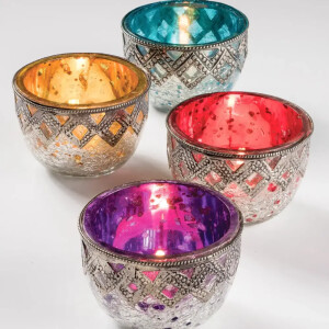 Teelichthalter aus Crackle Glas mit Metall – handgefertigte Magie aus Indien